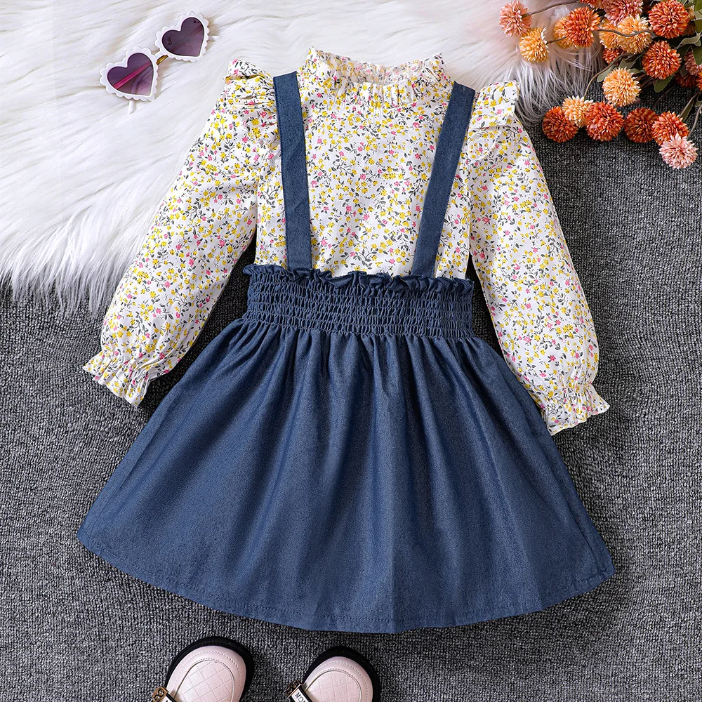 

2023 New Girls Dress Long Sleeve O Neck Ruffles Floral T-shirt Blue Rompers Cute Designer Girls Princess Dress Vestido 18M-7T