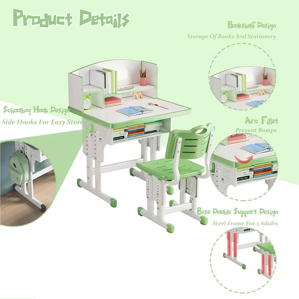 Kids' Table Chair Sets, Children Study Desk Table Computer with Large Storage Drawer Built-in Bookshelf, Kids Bedroom Furniture