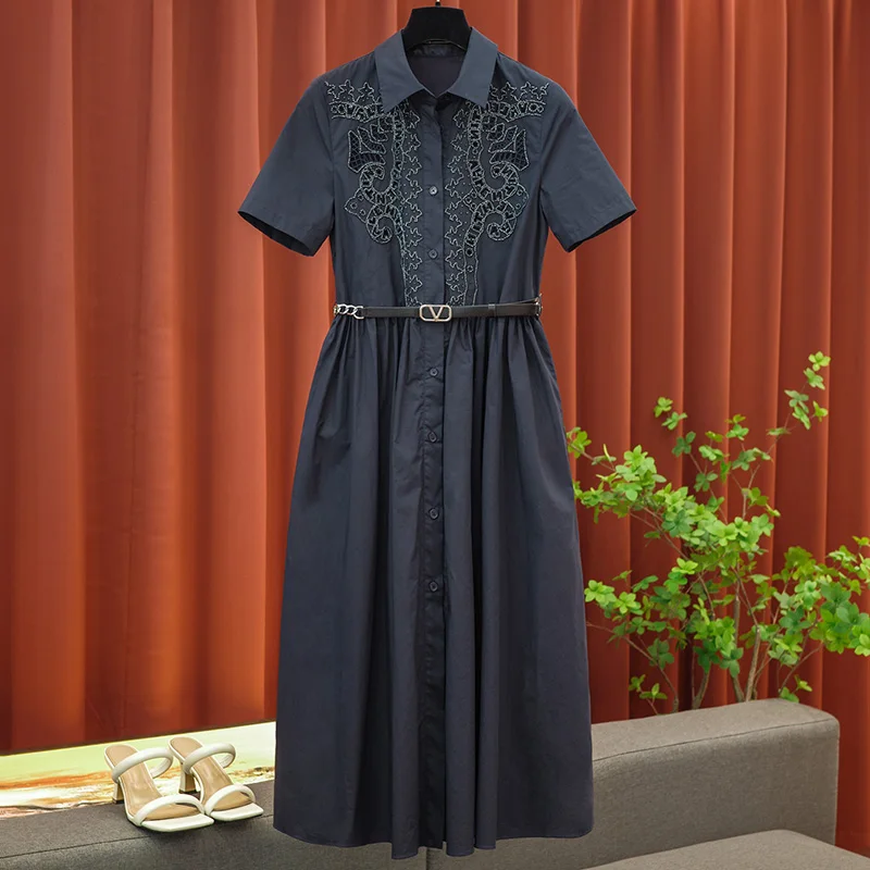 

Solid Color Summer New Womens Formal Dress Hand-stitched Beads Temperament Hollow Shirt Collar Mid-length Dresses Women Clothing