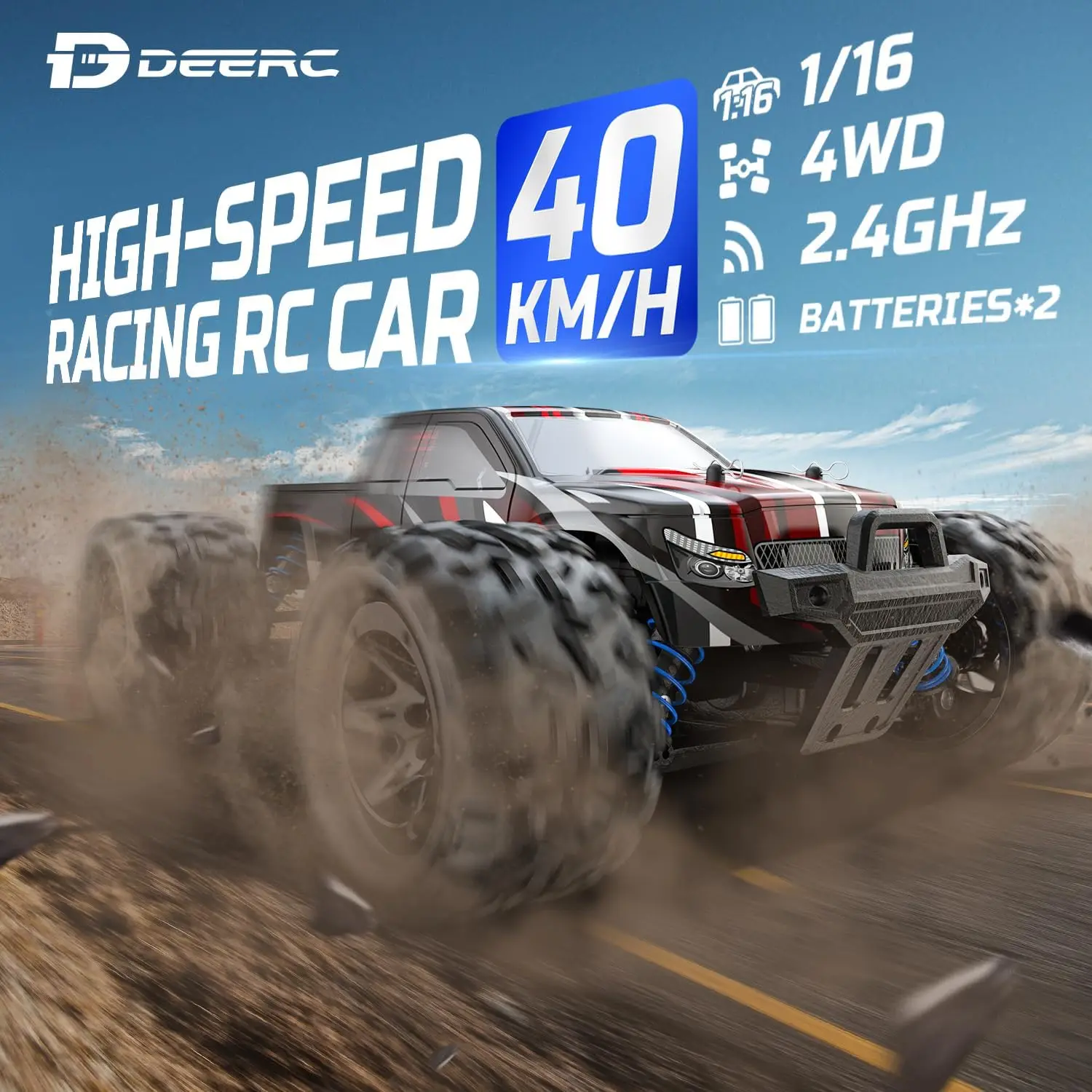 DEERC 9300 1:16 Scale RC Car, 40 KM/H, 4WD Off-Road Monster Truck, 2.4GHz, 2 Rechargeable Batteries 6