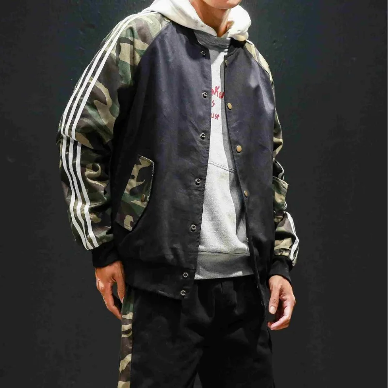 Japanese-Style Retro Three-Bar Jacket Men's Fashion Brand Loose Baseball Uniform Large Size Personalized Striped Camouflage Coat