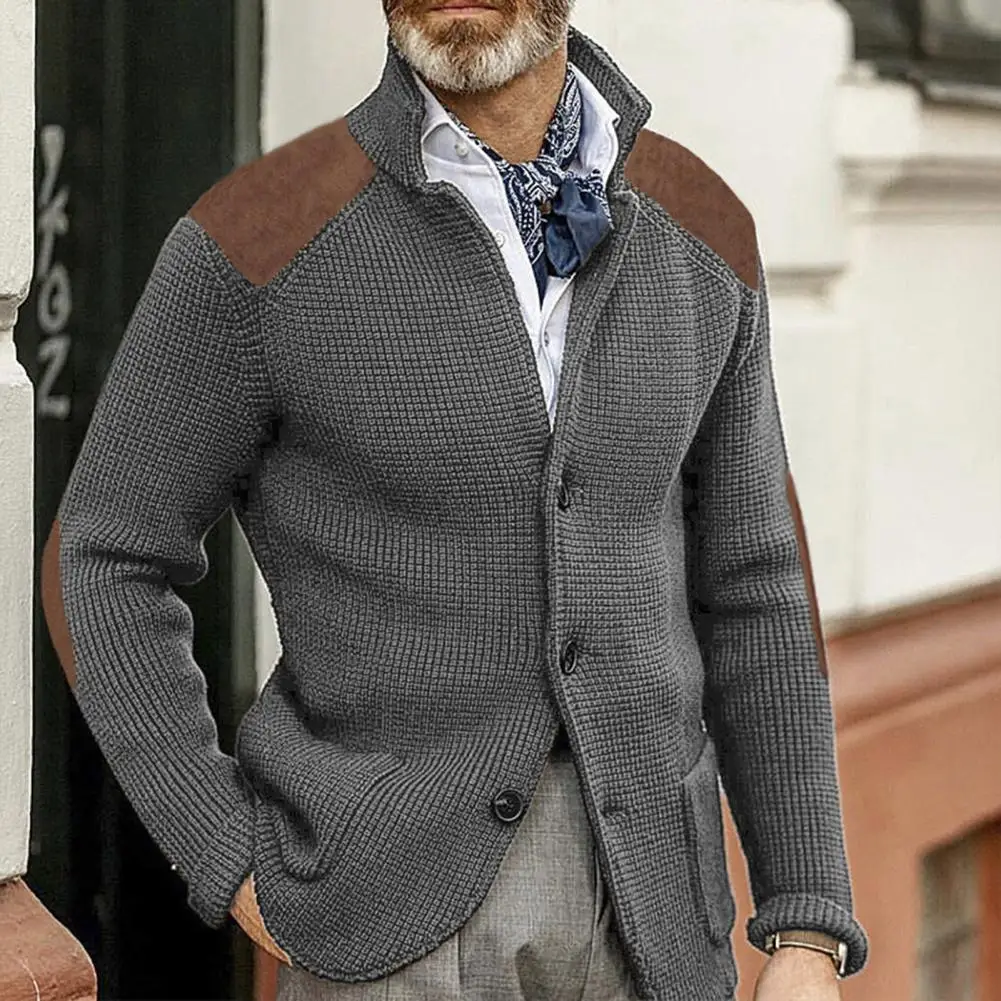 Sports Pants Cardigan Men's Single-breasted Lapel Knitted Cardigan Sweater Coat with Patchwork Color Matching for Winter Fall