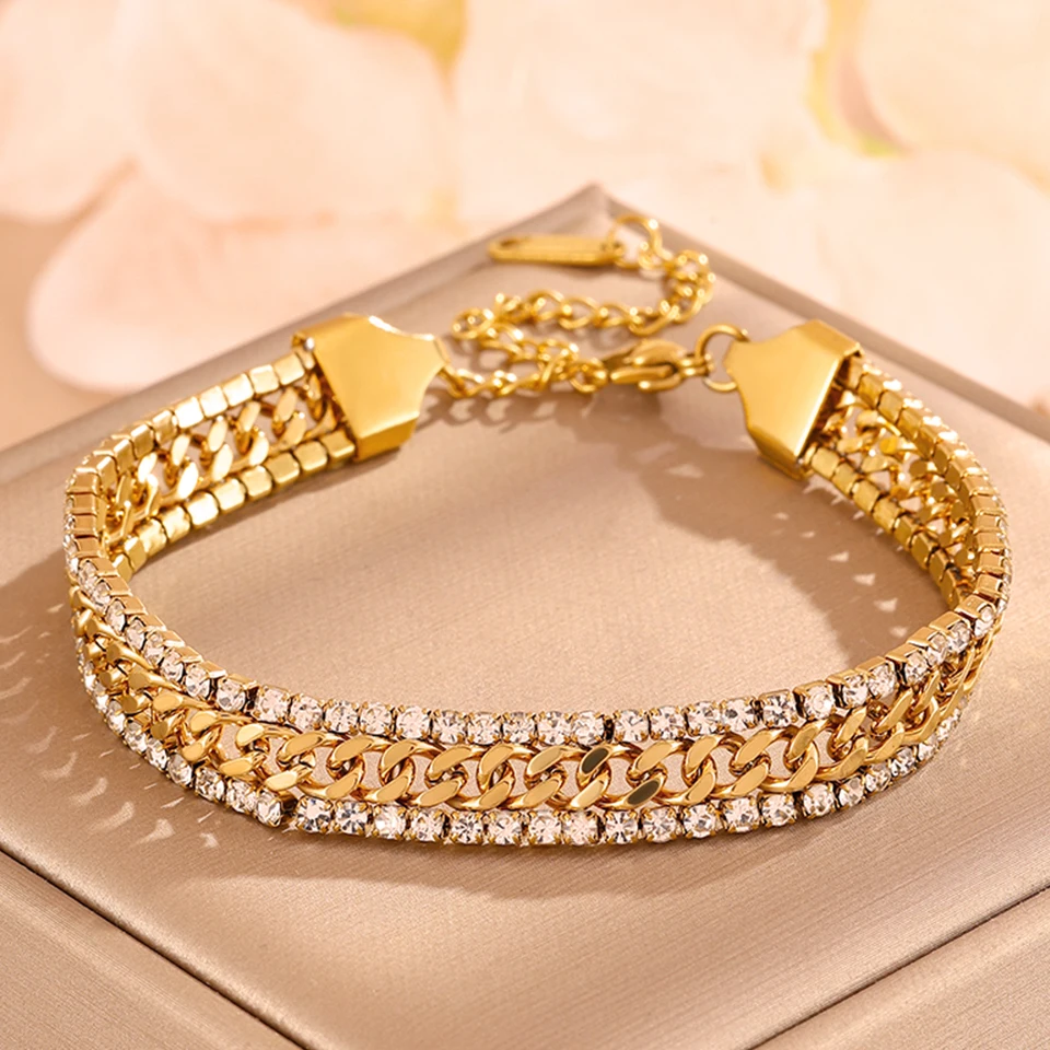 ZAKOL Neues Tennis-Armband mit Zirkonia, 18 Karat vergoldet, Edelstahl, dreilagig, breites Armband, Luxus-Schmuck, Geschenk für Frauen