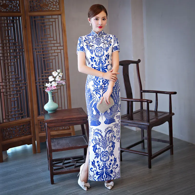 

Print Luxury Sequins Gorgeous Long Fork Satin Cheongsam Stage Show Dance Dress Elegant Sexy Slim Bodycon Qipao Fashion Gown