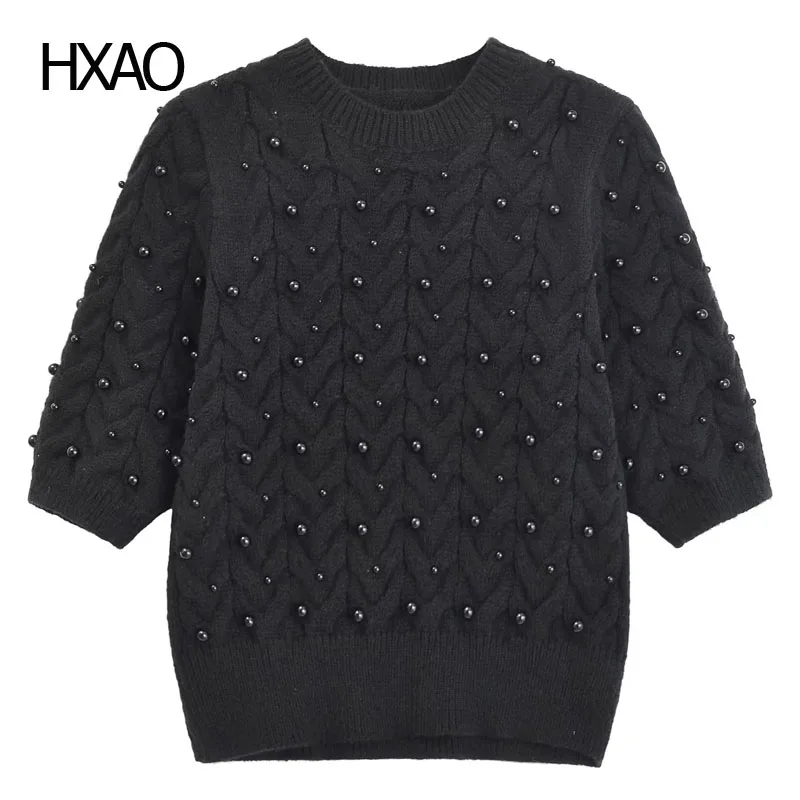 

HXAO Cropped Sweaters Women Cashmere Sweater Pearl Short Sleeve Pullovers Woman Jumper O-Neck Crop Knit Top Female New Knitwear