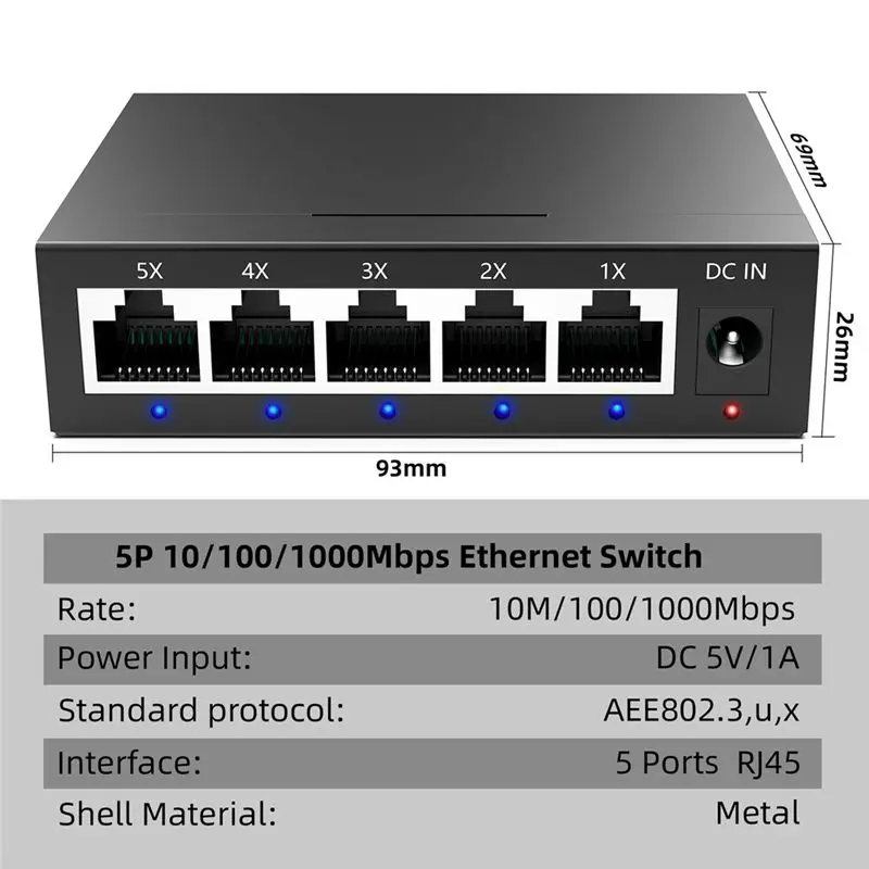 AB97-5 포트 기가비트 산업용 스위치 1000Mbps 미니 네트워크 이더넷 스위치 홈 스플리터 사무실 네트워크 분배기