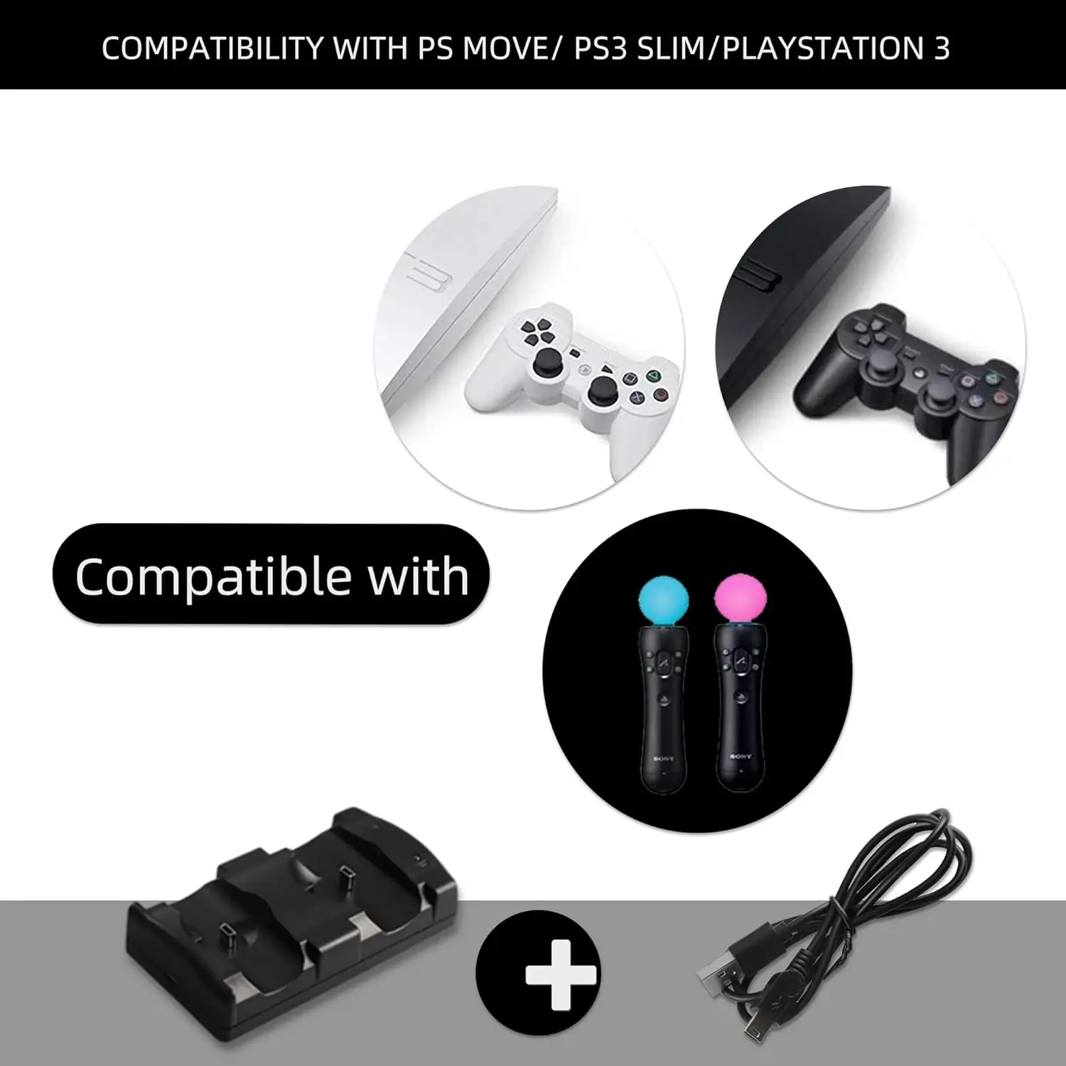 PS3 컨트롤러 충전기 스테이션, PS3 오리지널 무선 듀얼 컨트롤러용 충전 도크 및 LED 조명 표시 기능이 있는 이동 컨트롤러