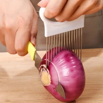 Porta cipolla in acciaio inossidabile Affettatrici per alimenti Assistente Pomodoro Porta affettatrice per cipolla Verdure Forchetta da taglio Gadget da cucina 1