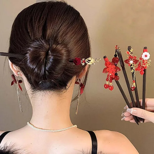 Retro Red Flower Wooden Hair Stick For Women 2025 New Year Hanfu Hairpin Chinese Style Hair Fork Hanfu Accessories 2