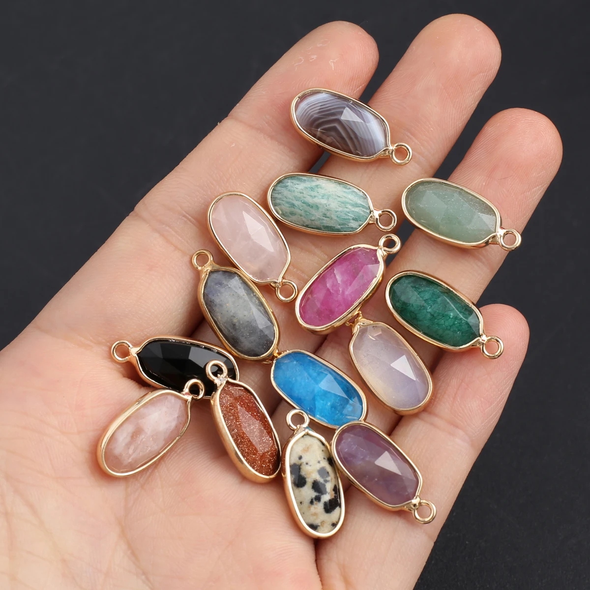10PCS Natural Stone Agate Rose Quartz Amethysts Random Color Oval Gold Pendant DIY Making Necklace Bracelet Accessories Gift