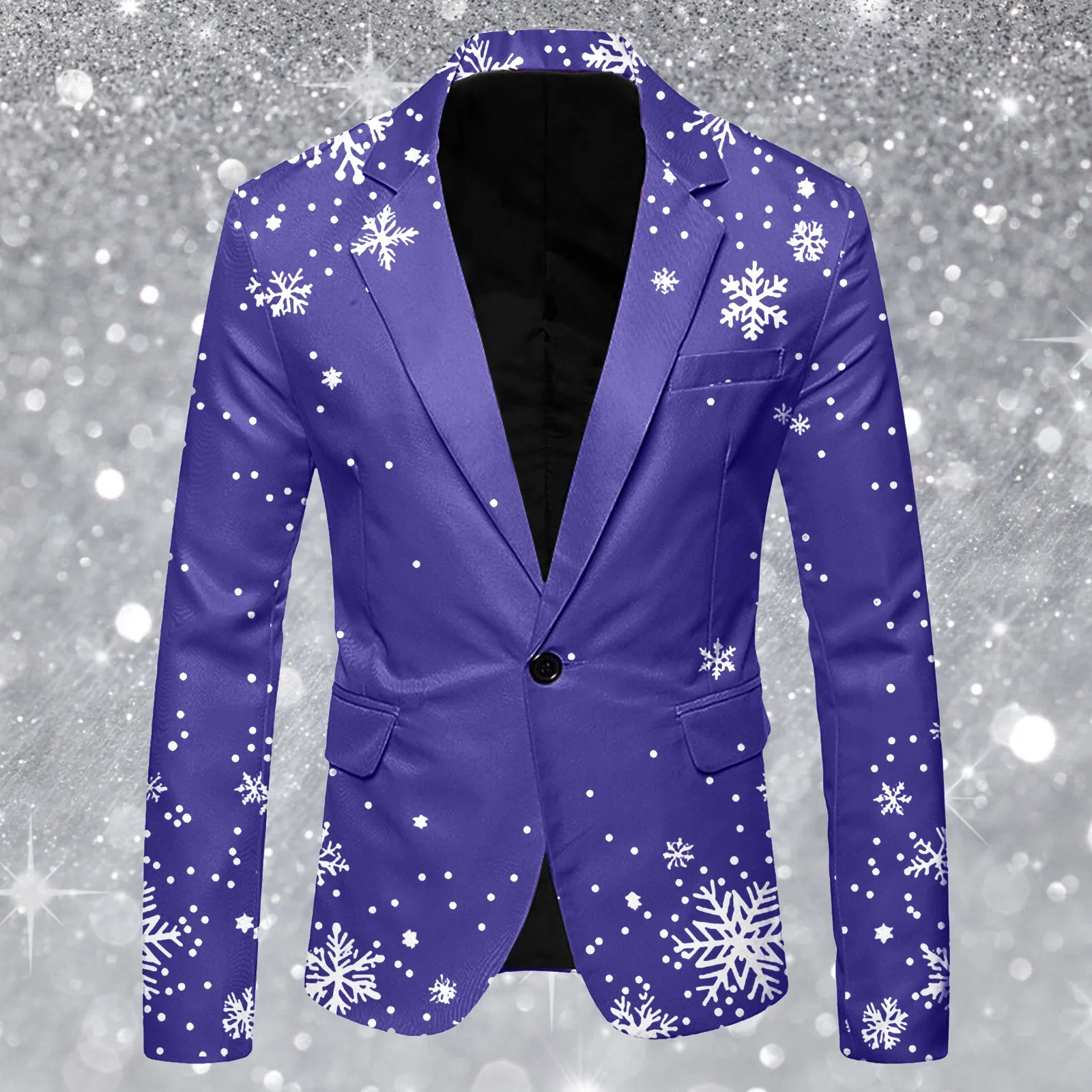 Men Christmas Suit Jacket Snowflake Print Long Sleeve Lapel One Button Blazer Jackets Snow Printed New Year Xmas Suit Coat