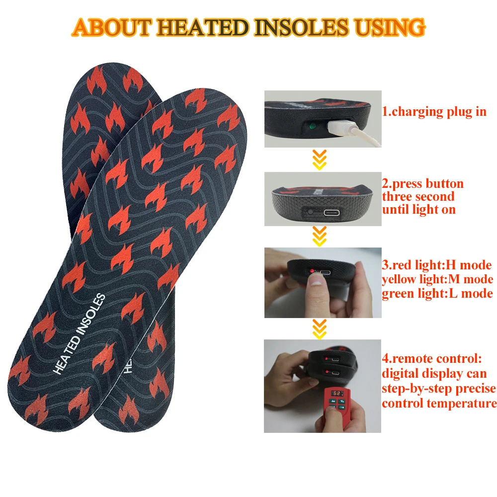 Electric Heated Insoles USB Rechargeable Adjustable Temperature Heated Shoes Soles Winter Foot Warmers for Men Women with Remote