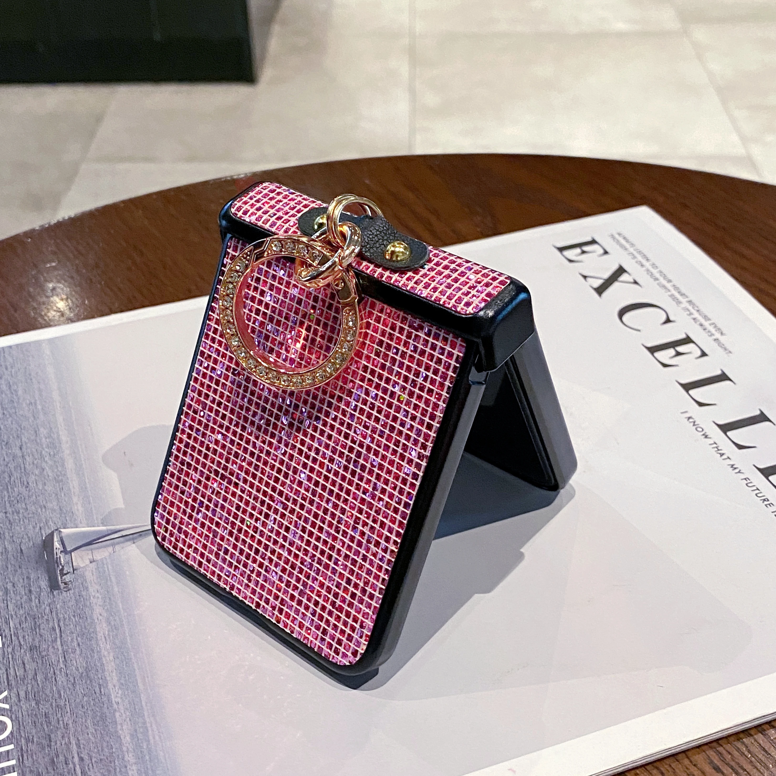 Sparkling Grid Pattern Phone Case with Fashion Faux Diamond Ring Buckle - Hard Shell Design
