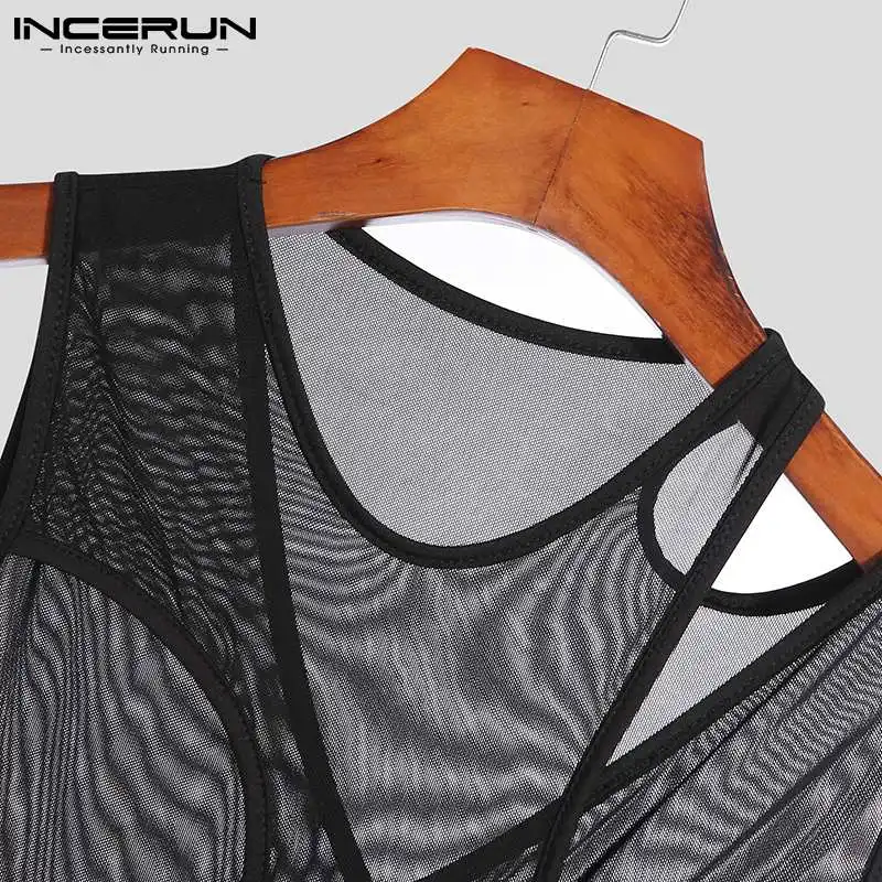 INCERUN 2022 Comfortable Homewear Men's Jumpsuit See-through Mesh Solid Color Male Irregular Sleeveless Triangle Bodysuits S-5XL mens pajama bottoms