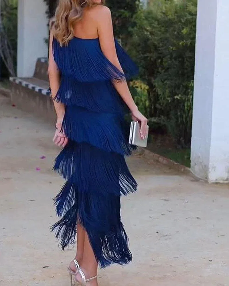 BKLD Solid Color 2026 Spring Summer New Fashion Tassel One Shoulder Sleeveless Asymmetric Dress Clothes For Women Evening Dress