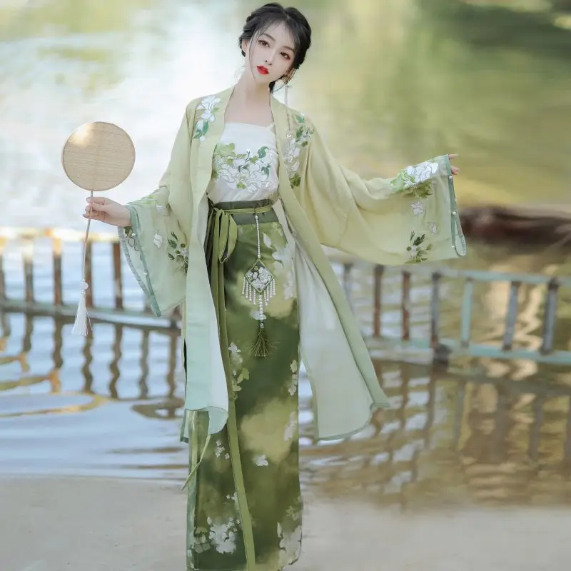

Chinese Traditional Hanfu Dress Suit Embroidery Women's Changgan Temple Spinning Skirt Outer Coat Long Shirt Summer Set