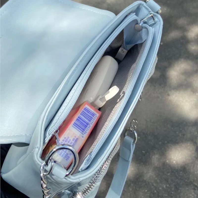 Hot Girl Sweet Blue Shoulder Bags Women Retro Chain Square Leather Large Capacity Handbag Ladies Lightweight Casual Underarm Bag