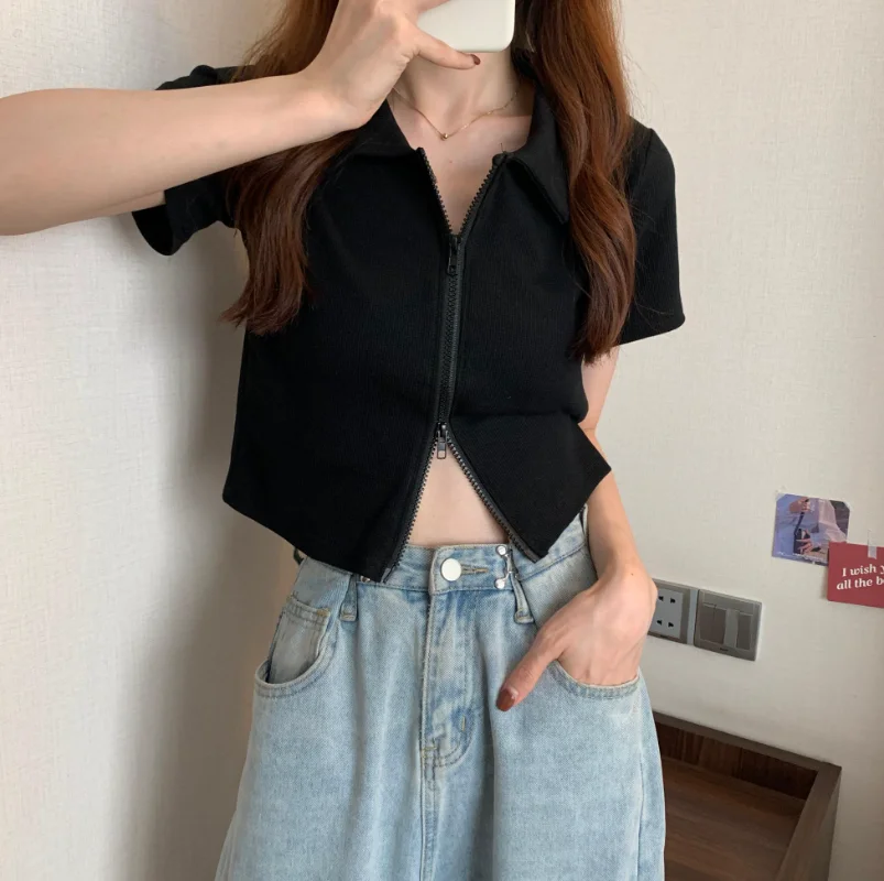 Zipper Short Sleeve T-shirts Women Summer Crop Tops Sexy Harajuku