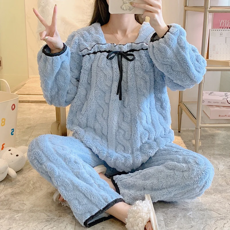 Winter new solid color bow ladies pajamas cut flower flannel plush 280g pullover pajamas women's home service 2-piece set