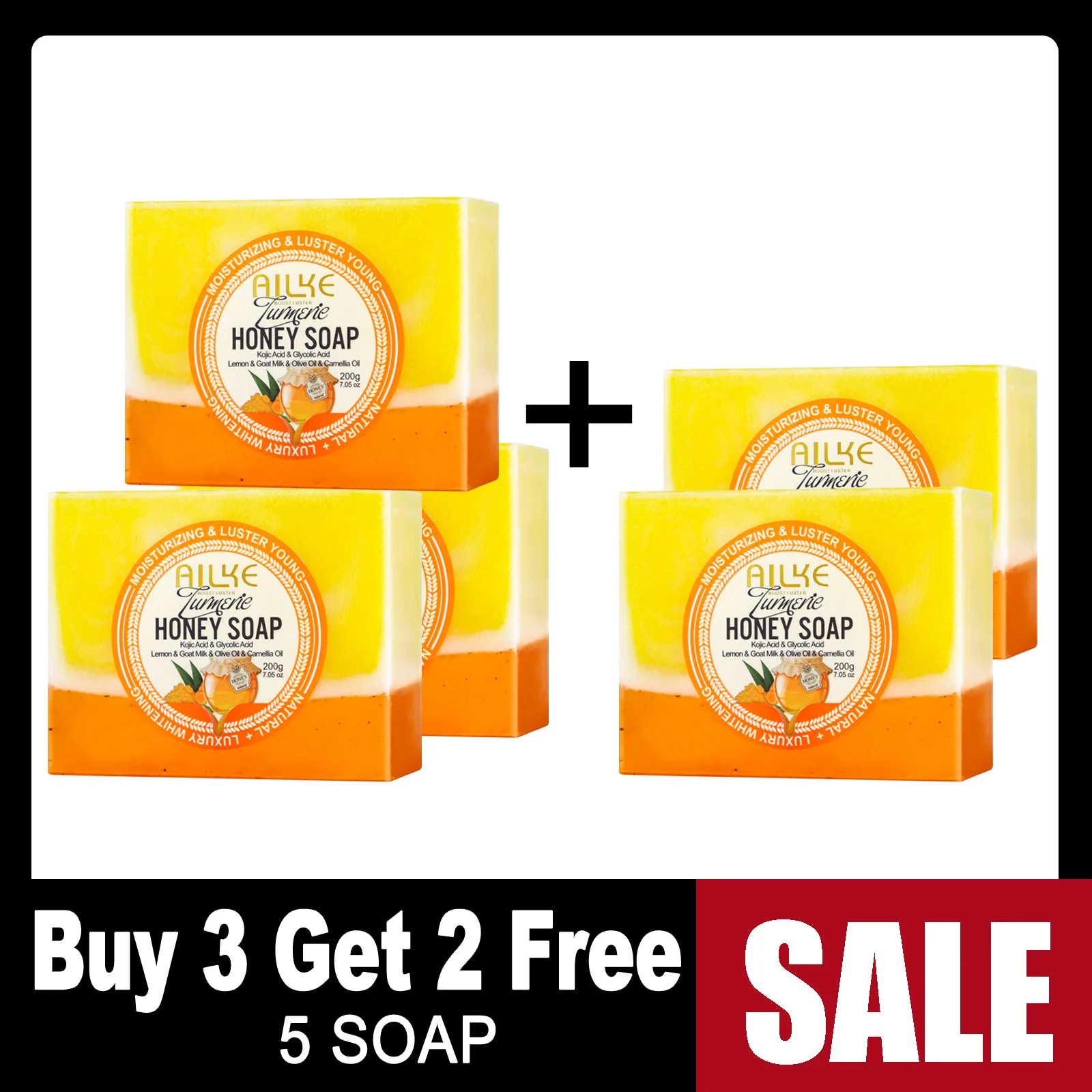AILKE Natural Turmeric Honey Soap Bar, Whitening, Clean Skin, Remove Dark Spots, Stains, With Kojic Acid, Lemon, 200g/7 oz 3