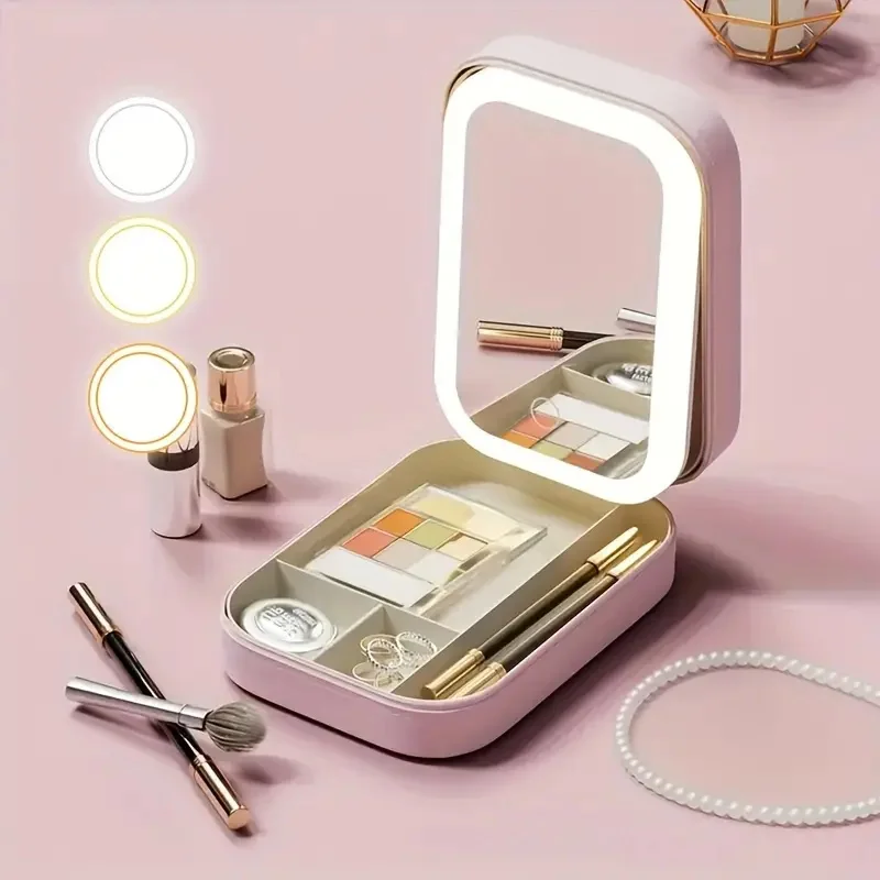 LED Mirror Makeup Storage Box Dimmable Mirror Makeup Case Waterproof Leather Portable Travel Bag Cosmetics Organizer Storage Box