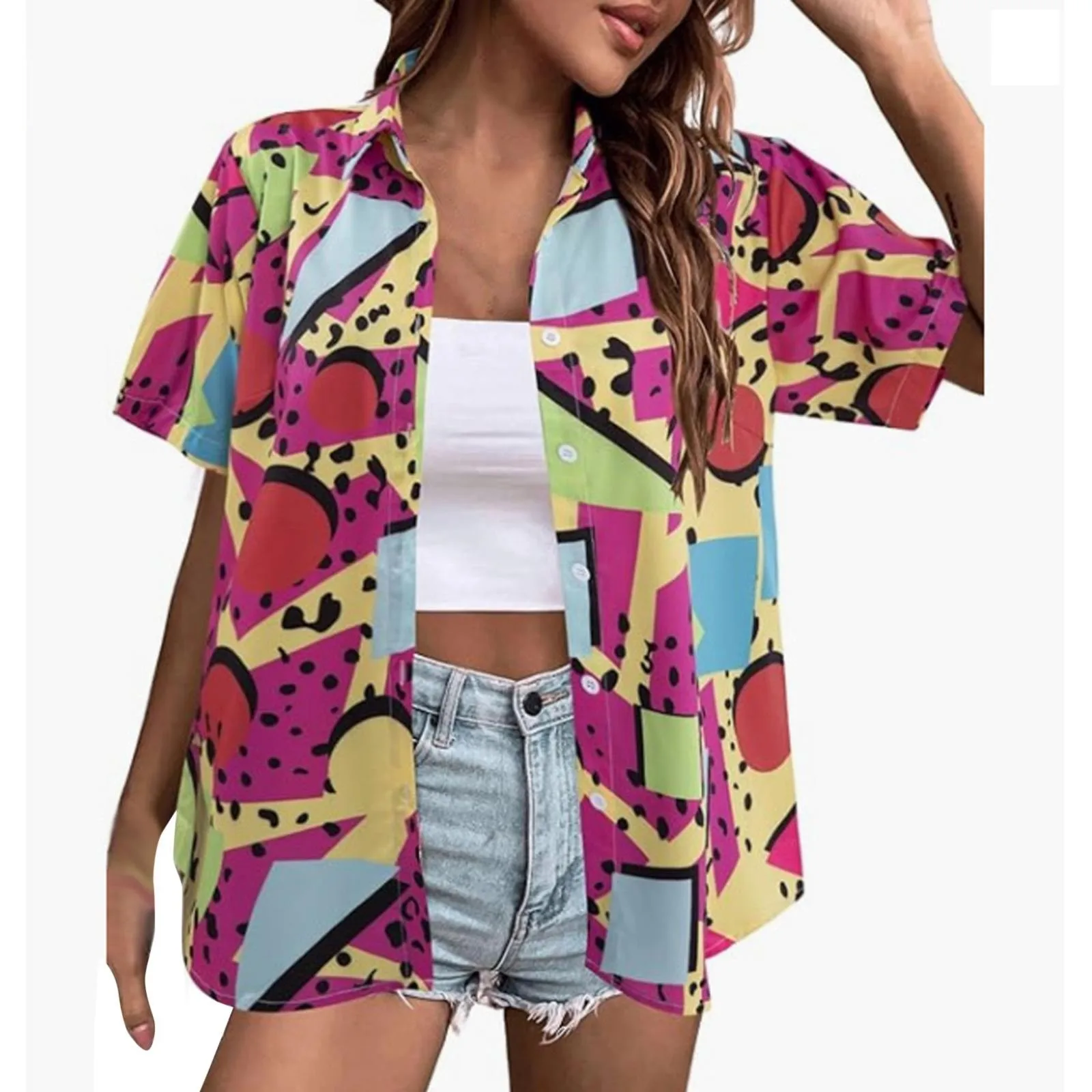 

Женские летние рубашки, мягкая крутая футболка с цветочным тропическим принтом, футболка на пуговицах с V-образным вырезом и коротким рукавом, топы, рубашка с коротким рукавом