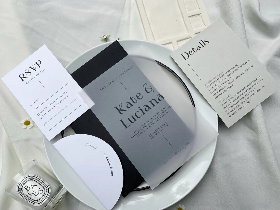 Modern Vellum Wedding Invitation Suite with Half Moon Guest Name Tag