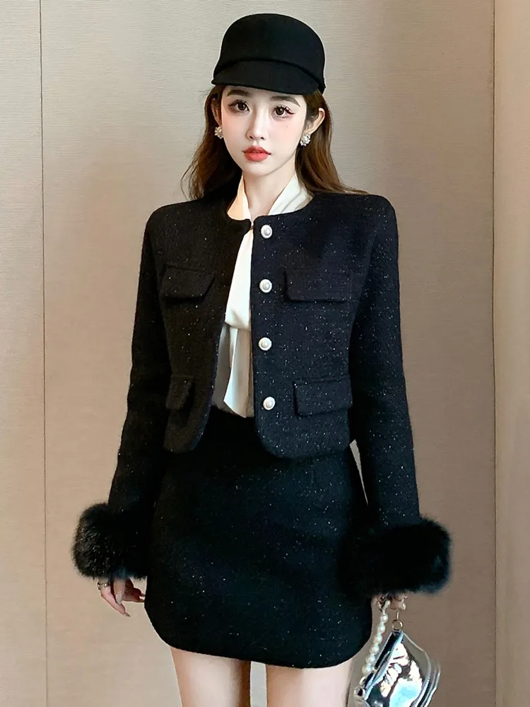 

Winter Thickened Wool Two Piece Set For Women Elegant Fashion Plush Coats + Skirt Suits Female Sweet Fashion 2 Piece Outfits