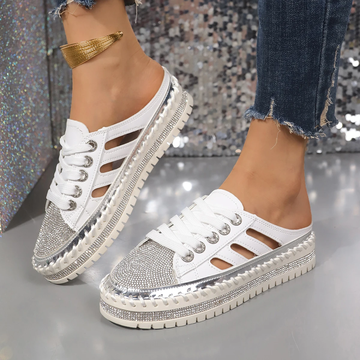 woman trend Crystal Half Slippers for Women Flat Platform Shoes Comfortable Elegant Women's Shoes Bling Luxury Women's Sandals
