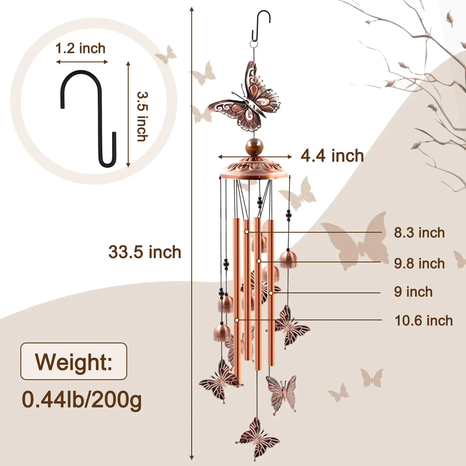 32" Aluminum Wind Chimes with Butterfly S Hook Outdoor Garden Patio Decor Zen Atmosphere Housewarming Gift Windchime