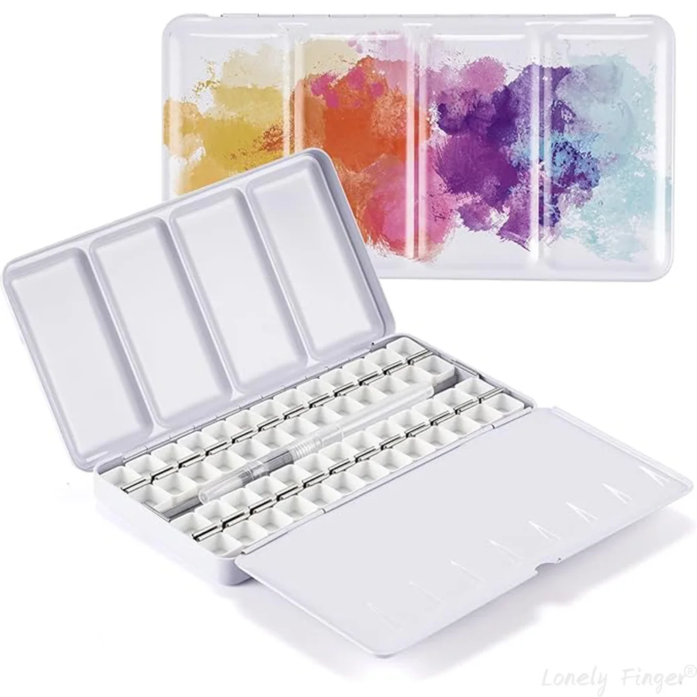 52개의 빈 반 팬과 1개의 물 펜이 포함된 금속 수채화 주석 상자 - 접이식 혼합 트레이 - 휴대용 여행용 수채화 팔레트