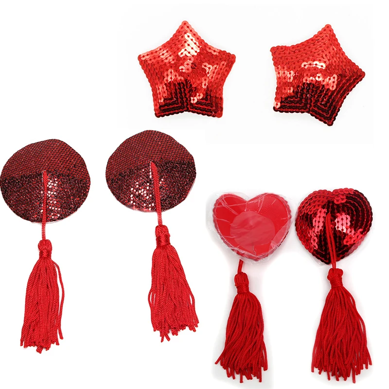 

1 Pair Red Nipple Covers Sexy Sequin Tassel Nipple Stickers Star Round Heart Shape Women Pasties Stickers Breast Petals