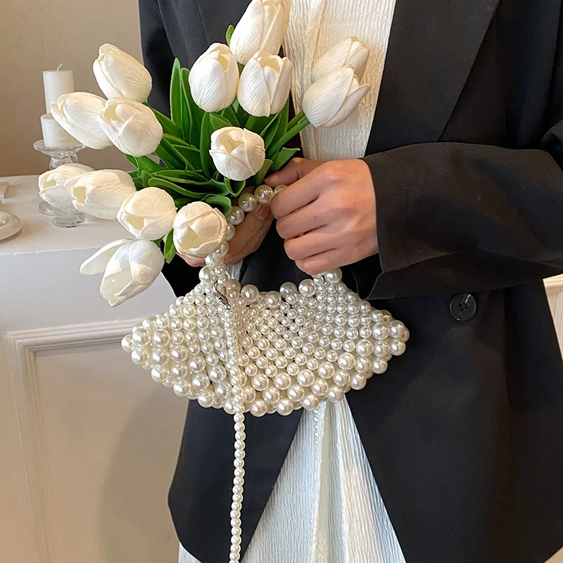 2024 Spring Summer Fashion Ladies Handbags Hand-weave Pearl Beaded Shoulder Bag For Women Bohemia Party Clutches Crossbody Purse