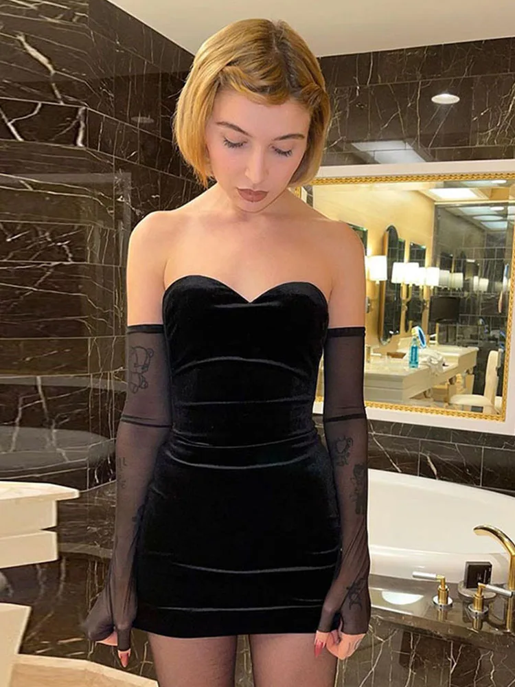 

Fashion Sexy Party Beach Birthday Black Strapless Dress Women New Simple Slim Removable Mesh sleeves Female Dress
