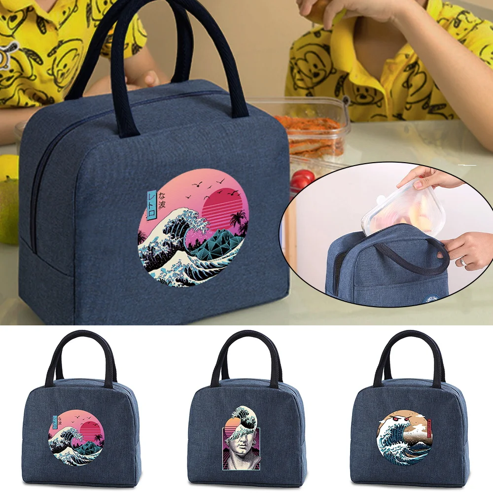 

Insulated Lunch Bag Durable Bento Pouch Thermal Lunch Box Tote Fridge Cooler Bag Wave Print Lunch Container Food Storage Handbag