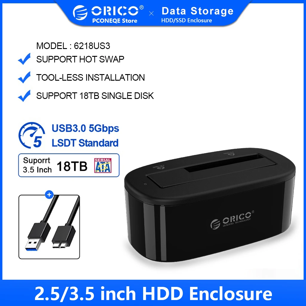 

ORICO 6218US3 UASP 2.5 3.5 inch Hard Drive Docking Station USB3.0 18TB Simple-bay HDD Enclosure and SSD Hard Drive Dock Black