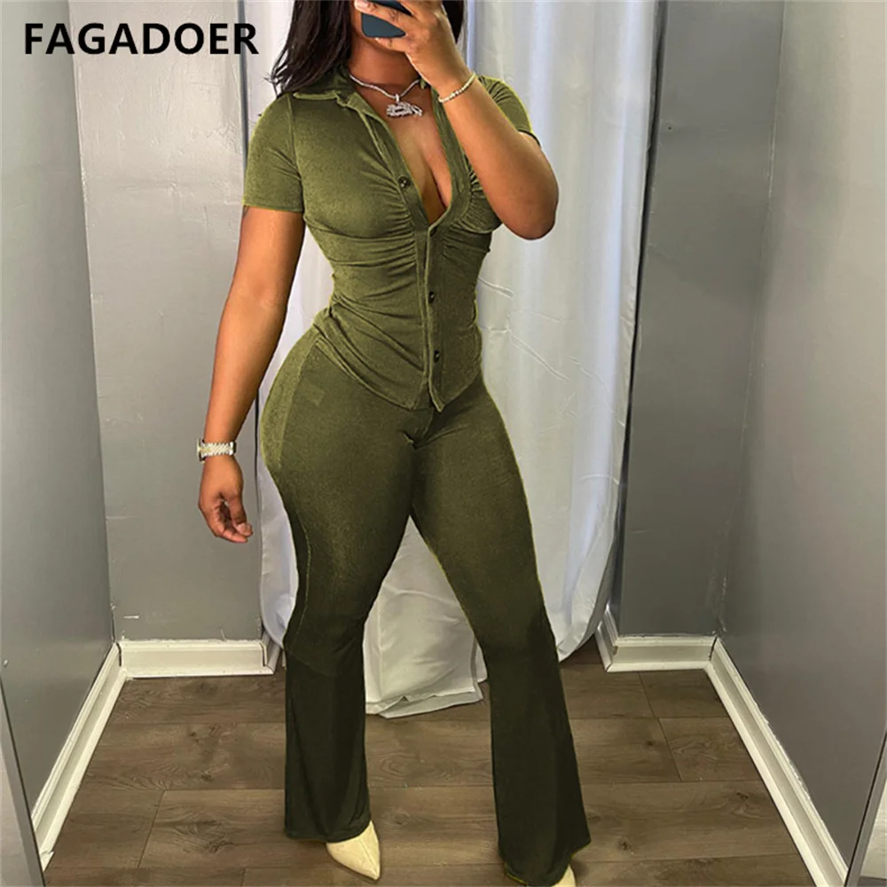 

FAGADOER Solid 2022 Summer Women's Casualwear 2pcs Women's Short Sleeve Button Ruched Set Long Pants Casual Clothes Streetwears