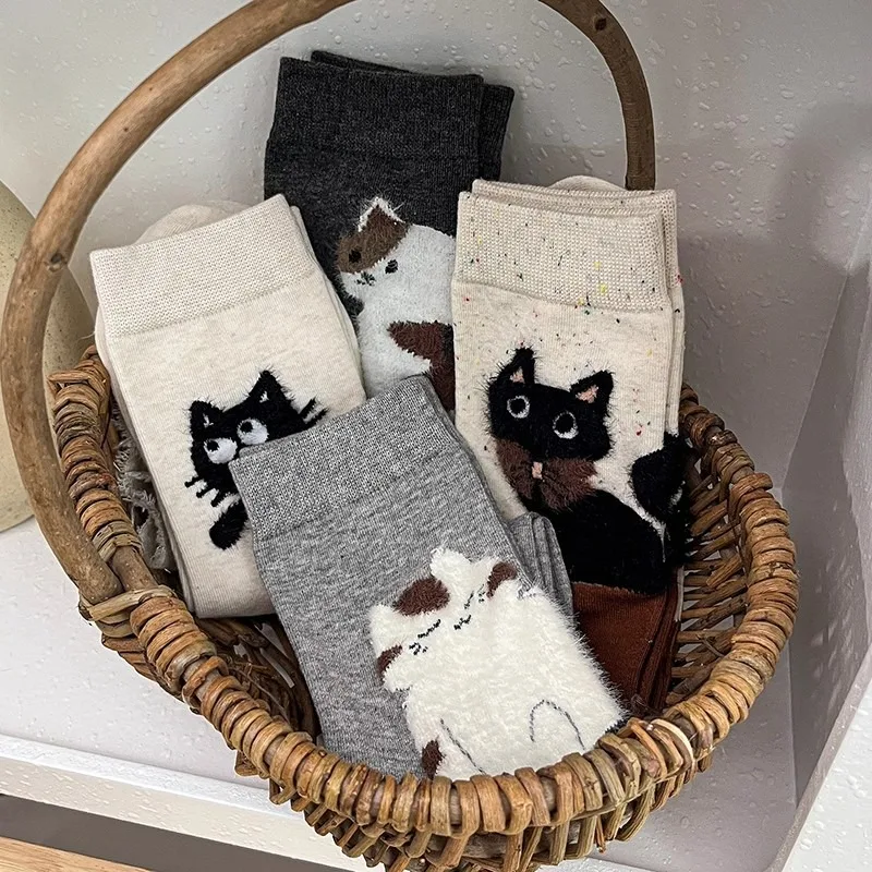 4pairs Fashion Cute Cartoon Kitten Pattern Socks Sweat Absorption Breathable Soft Mid Tube Socks Casual Socking for Women Girls