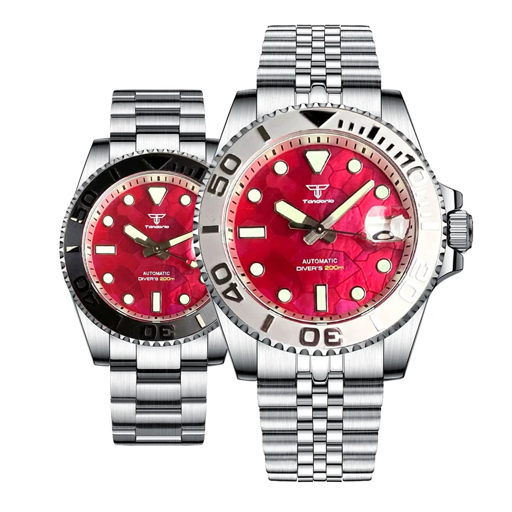 SUB 40mm Diver Tandorio Red MOP Dial NH35 Mechanical Watch Men White Chapter Ring 200m Dive Clock 904L Bracelet Sapphire Lume