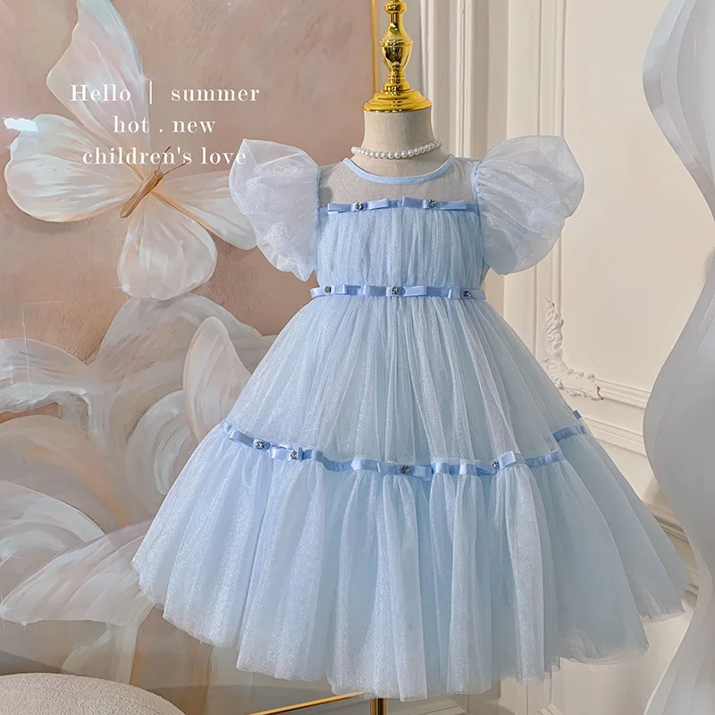 

Girls Summer Dress 2024 New Childrens Fashionable Bubble Sleeves Sweet and Elegant Princess Dress Girls Clothes