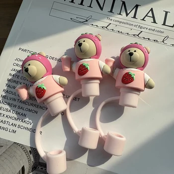 귀여운 곰 빨대 커버 캡, 귀여운 실리콘 빨대 토퍼, 보온병 텀블러, 한국 빨대 팁, 먼지 커버, 7-8mm