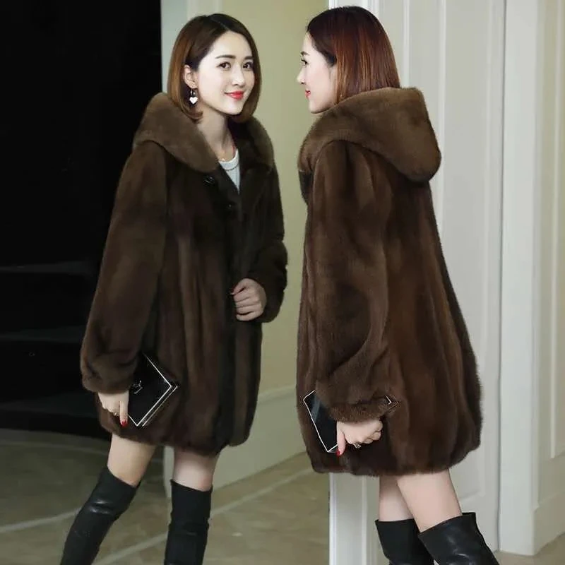 2023 New Imitation Mink Temperament Loose Fur Autumn And Winter Long-sleeve Thickened Womens Casual Hooded Mid-length Lady Coat