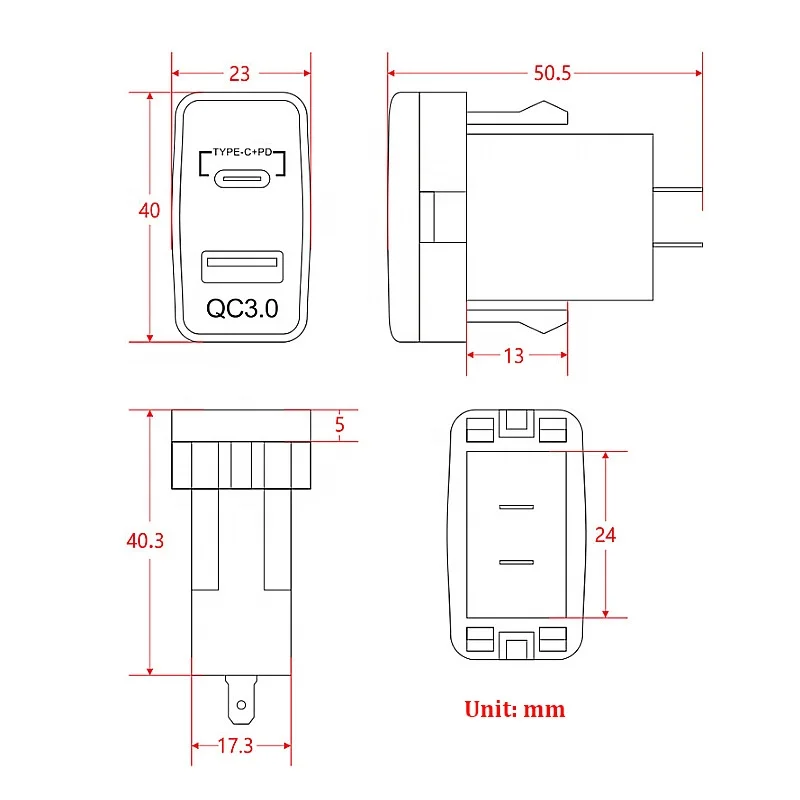 방수 전압계 전압 표시 기능 고속 충전 QC 3.0 USB 충전기 타입 C PD 소켓 듀얼 USB 포트