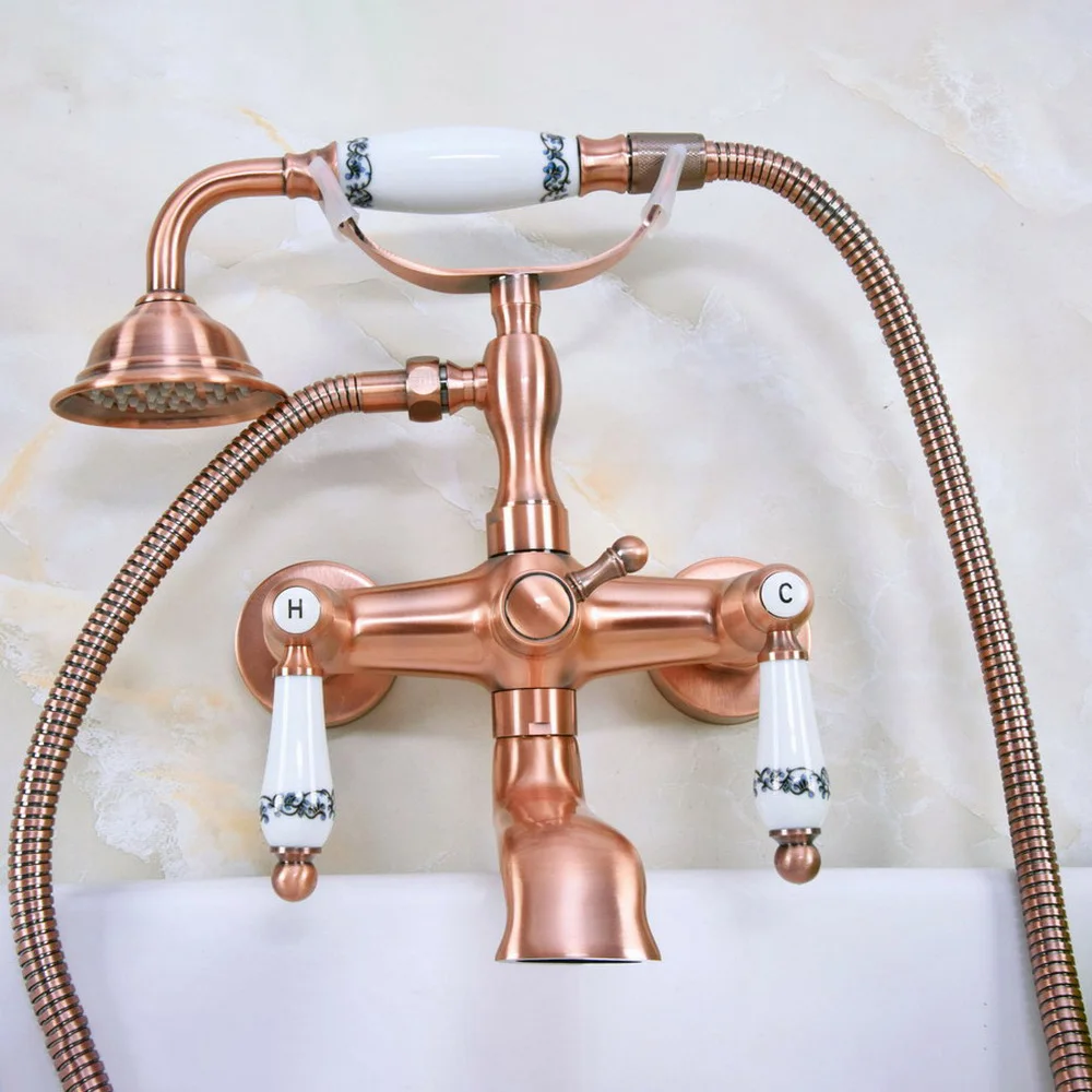 

Antique Red Copper Double Handle Wall Mounted Bathroom Bath Tub Faucet Set with 150CM Hand Held Shower Spray Mixer Tap 2na329