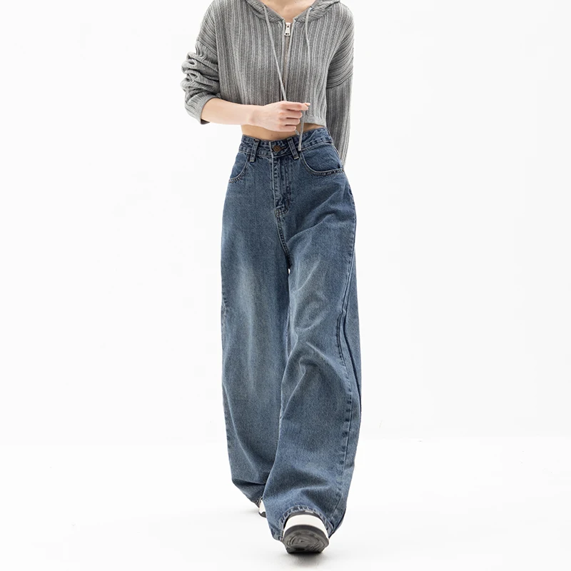 Autumn and Winter New Classic Blue Jeans Women's Straight Loose Wide-Leg Pants Retro Minority Hemming Embroidery