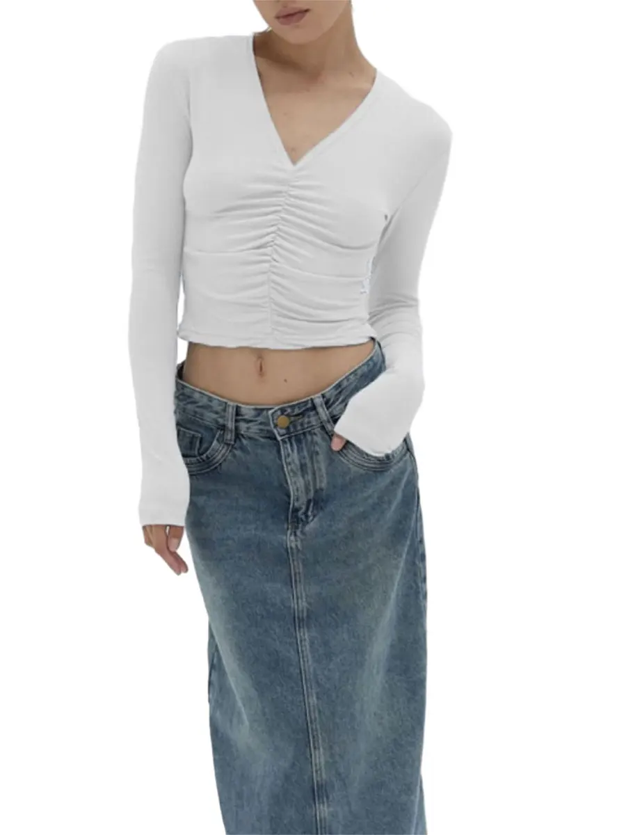 

Women Ruched T-Shirt Casual V Neck Long Sleeve Slim Fit Crop Tops Summer Solid Color Shirt Streetwear For S-L