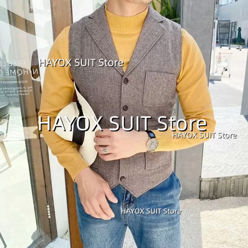 

Men's Suit Vest Single Breasted Point Lapel Multi Pocket Fashion Retro Herringbone Formal Office Interview Waistcoat
