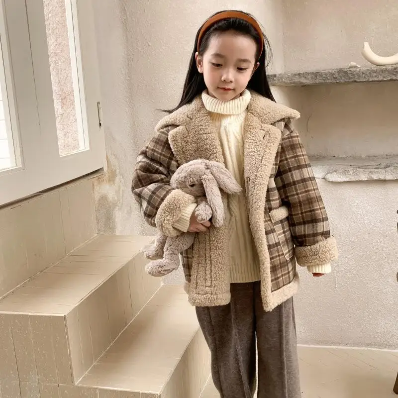 

Girls Woolen Coat Jacket Cotton Outwear Windbreak 2023 Furs Warm Plus Thicken Velvet Winter Autumn Party Children's Clothing