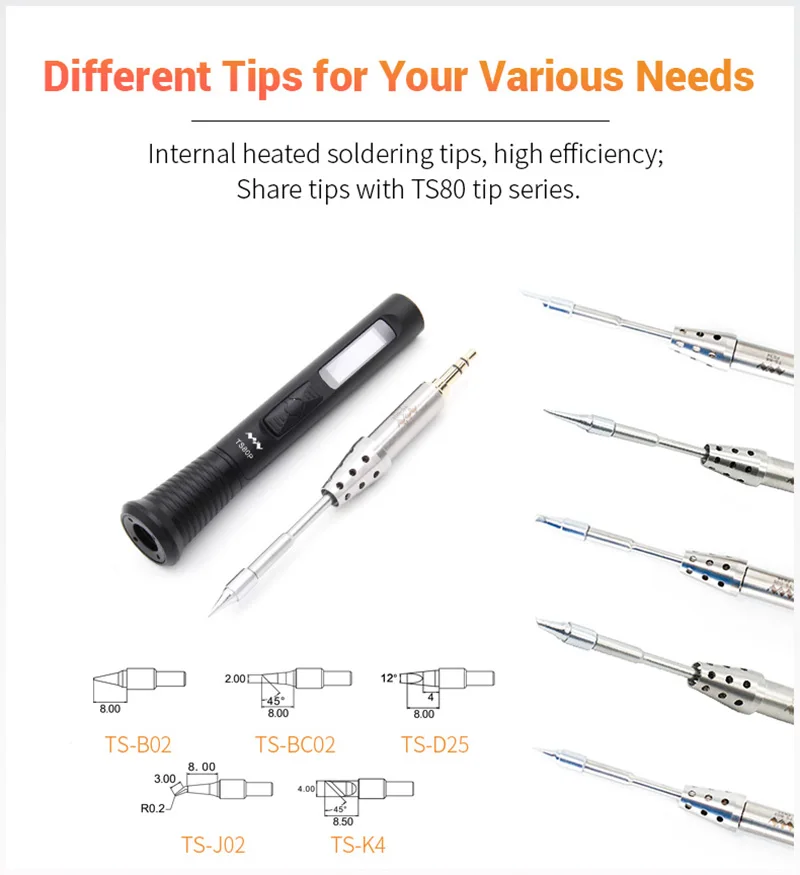 MINIWARE TS80P Mini Smart Portable Digital Soldering Iron Tool Adjustable Temperature OLED Display Iron Tips QC3.0 PD2.0 45W 6