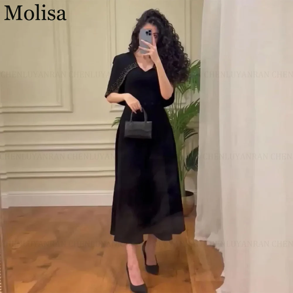 

Molisa Saudi Arabic V-neck Black Prom Dresses A-Line Tea-Length Evening Dresses Girl Formal Occasion Party Gowns فساتين الحفلات